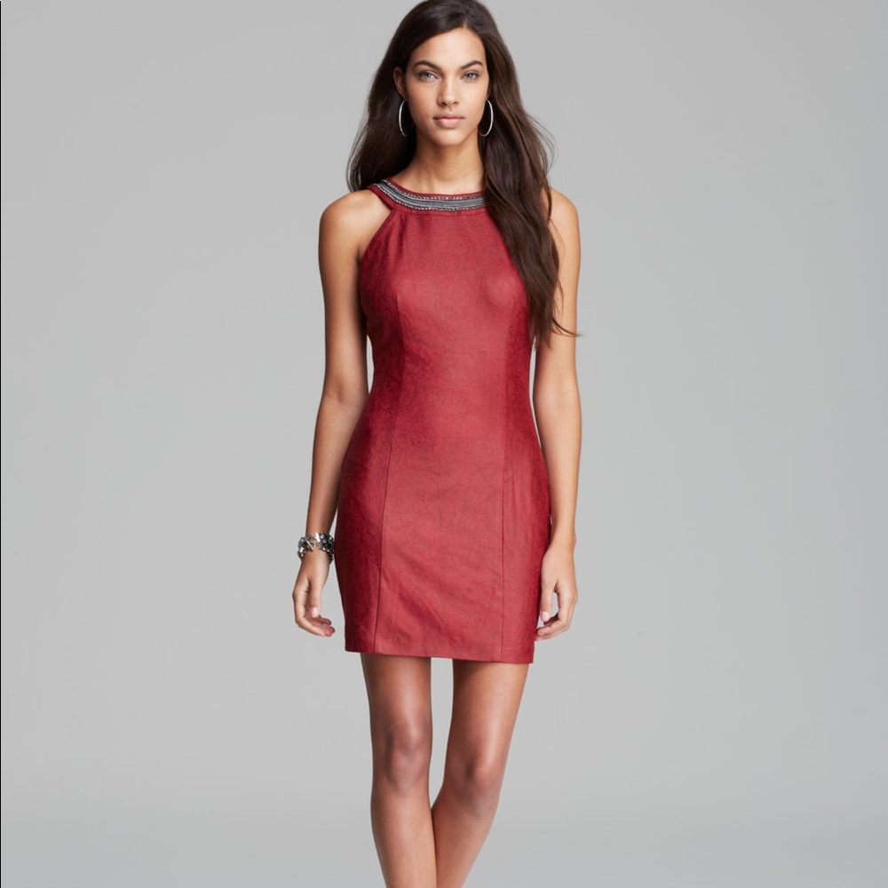 Guess Faux Leather Red Embellished Dress